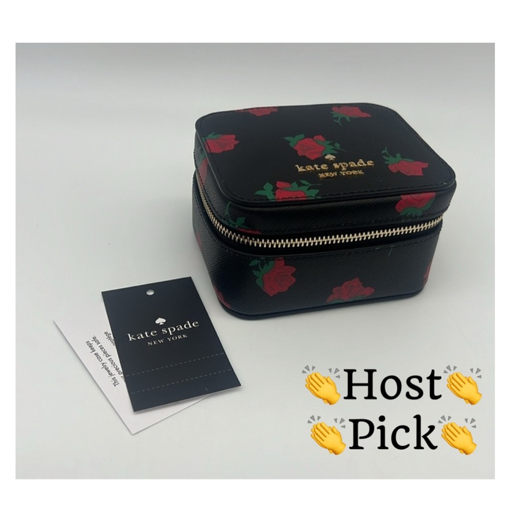 Kate Spade Madison Rose Toss Printed Jewelry Holder Case Box Black Red